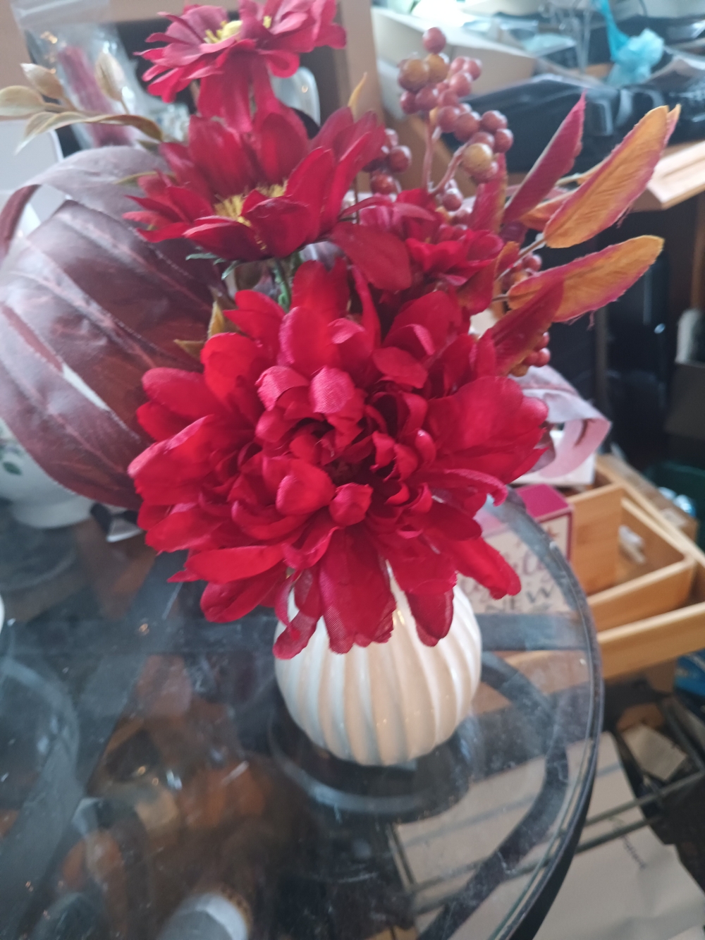 Red And Orange Silk Floral Arrangement in White Vase